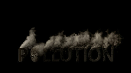 Text pollution with skull smoking on black bg, isolated - industrial 3D illustration