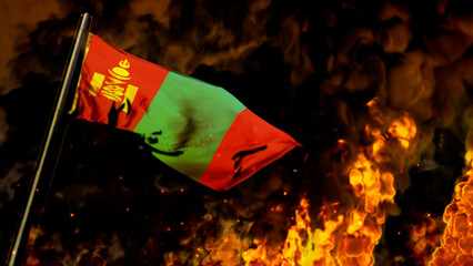 flag of Mongolia on burning fire backdrop - hard times concept - abstract 3D rendering