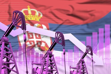 lowering down chart on Serbia flag background - industrial illustration of Serbia oil industry or market concept. 3D Illustration