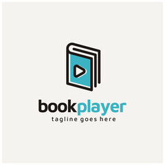 Book with Play Button for Library Magazine Song Movie Video Media Player logo design