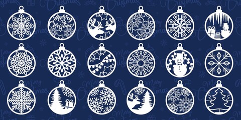Silhouette of Christmas round toys. Christmas tree decorations set. Balls with deer, snowflakes and a snowman. Template for laser cutting. Background pattern. Isolated vector illustration. - obrazy, fototapety, plakaty