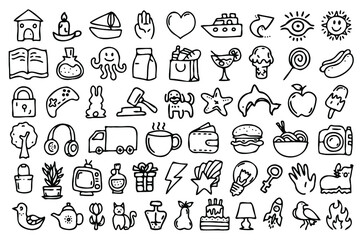 Line art icon set. Collection of hand drown icons with black thin line, universal, versatile outline vector icons, linear simple illustrations set.