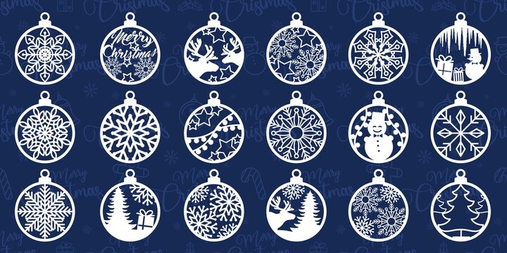 Silhouette of Christmas round toys. Christmas tree decorations set. Balls with deer, snowflakes and a snowman. Template for laser cutting. Background pattern. Isolated vector illustration.