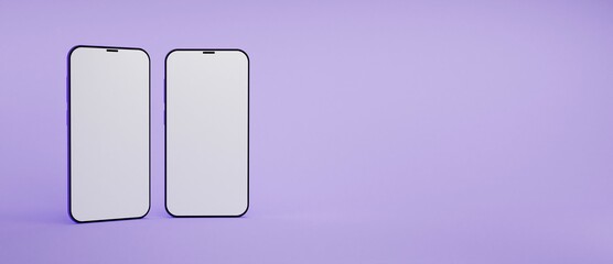 Set of two vertical phones mock up isolated on a purple background in flat lay and 3D rendering. Realistic template of cellphone frame and blank display concept for presentation