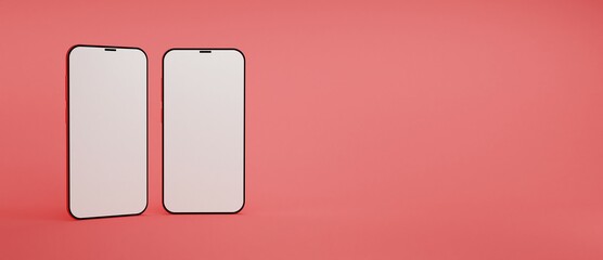 Set of two vertical phones mock up isolated on a red background in flat lay and 3D rendering. Realistic template of cellphone frame and blank display concept for presentation