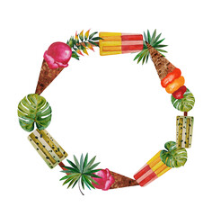 Circular frame with watercolor sweets ice cream and palm leaf's border or frame. 