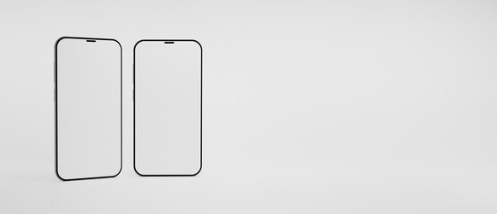 Set of two vertical phones mock up isolated on a white background in flat lay and 3D rendering. Realistic template of cellphone frame and blank display concept for presentation