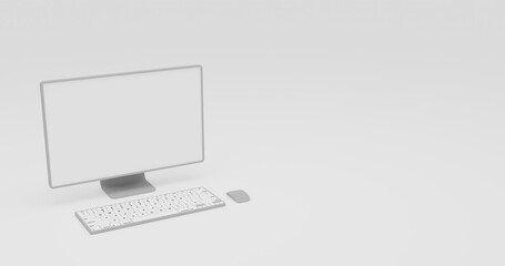Personal computer  keyboard, mouse, monitor with city and mountain landscape isometric view isolated on white background 3D illustration