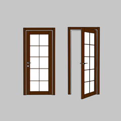 Open and closed 3d brown wooden door concept. A door is opened for four stages. Four different positions of one door. vector art image illustration, realistic design isolated on white background 