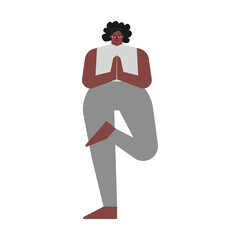 Vector isolated concept with flat body positive female character. African american woman learns posture and does Half Lotus Tree Pose at yoga class. Basic exercise - Ardha Padma Vrksasana