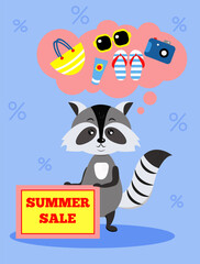 Summer sale banner. Cute raccoon and summer sale. Illustration in flat style.