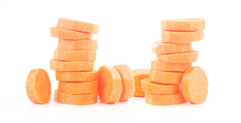 Two carrots stacked on a white background.