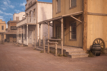 Fototapeta na wymiar Wooden buildings in a dusty old wild west town street. 3D illustration.