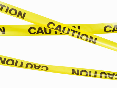 Yellow warning plastic tapes with black inscription - caution. Abstract warning lines for police officers passing under construction sites. Collection of vector danger tapes.