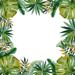 Fototapeta na wymiar Watercolor frame with tropical green leaves, hand painted illustration on white background. Aquarelle painting.