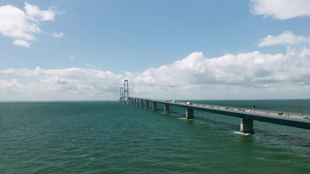 Aerial view on the famous Great Belt suspension bridge (&Oslash;stbroen) in Denmark, a multi-element fixed link crossing the Great Belt strait between the Danish islands of Zealand and Funen