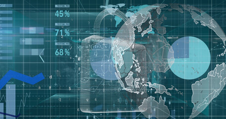 Image of globe, digital padlock and financial data over green background
