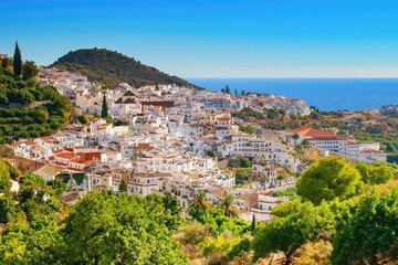 Beautiful arial view on famous white spanish village Frigiliana, Andalusia, Spain - obrazy, fototapety, plakaty
