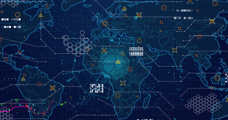 Image of icons, data and world map on navy background