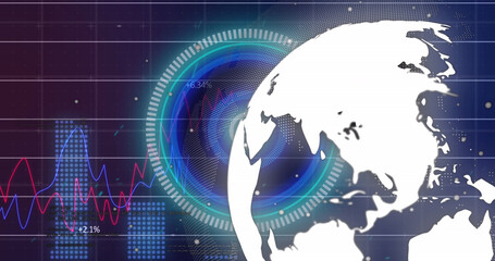 Image of red line and data processing over globe and grid