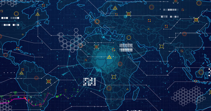 Image of icons, data and world map on navy background