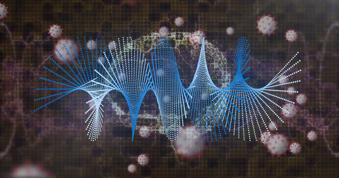 Image of dna strand and virus cells on black background