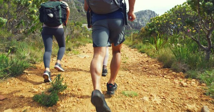 Hikers running up a trail on a mountain with backpacks. Diverse group of young active and adventurous friends exploring a rugged path in nature. athletic tourists racing along scenic trek outdoors