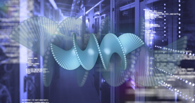Image of dna strand and data processing over server room