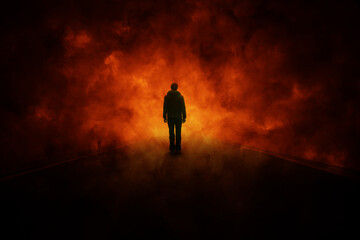 Fototapeta na wymiar Silhouette of man in abstract dark hot fire flames.