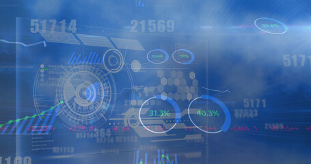 Image of data processing over sky with clouds
