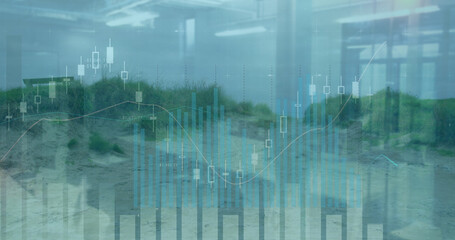 Image of financial data processing over combine in agriculture field