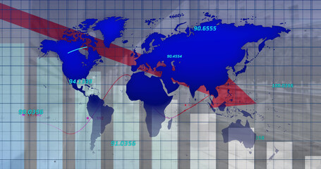 Image of financial graphs, world map and arrow over grey checked background