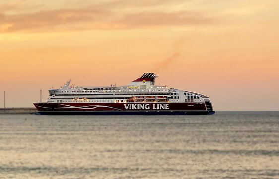 Cruise Ship  Viking Line In Harpor At Baltik Sea At Sunset Port Of Tallinn Estonia