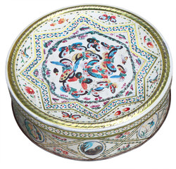 Old white Vintage round tin box, decorated with butterflies