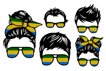 Family clip art set in colors of national flag on white background. Gabon