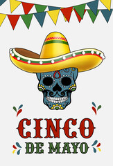 Cinco De Mayo Poster. Mexican holiday. Skull in cartoon sombrero sambrero banner. Mexican holiday flyer vector