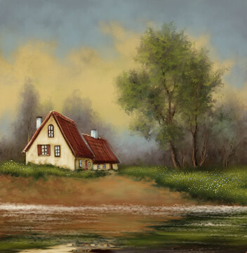 Old house in the countryside, paintings landscape