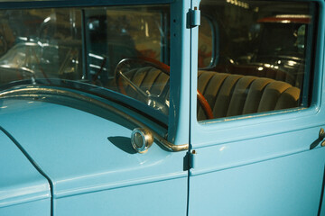 Classic car close up, interior through glass. Old vintage retro car. Classic cars of the 20th...