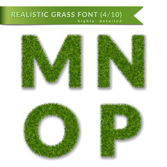 Grass letters M, N, O, P set alphabet 3D design. Capital letter text. Green font isolated white background, shadow. Symbol eco nature environment, save the planet. Detailed meadow Vector illustration