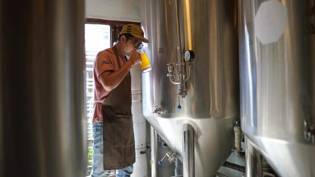 Beer tasting from fermenters by brewers