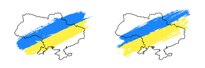 Ukrainian flag set grunge brush stroke, map outline, isolated white background. Blue, yellow color. T-shirt print design textile, fabric. Symbol Ukraine. Design patriotism freedom Vector illustration