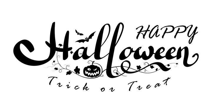 Happy Halloween vector lettering isolated white background. Holiday lettering banner. Halloween celebration poster, cobweb spider, pumpkin. Greeting card, october party invitation Vector illustration