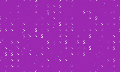 Seamless background pattern of evenly spaced white number five symbols of different sizes and opacity. Vector illustration on purple background with stars