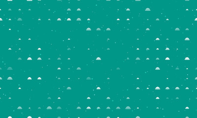 Seamless background pattern of evenly spaced white cloche symbols of different sizes and opacity. Vector illustration on teal background with stars