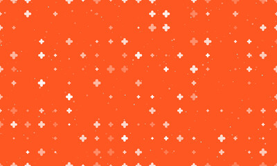 Seamless background pattern of evenly spaced white quatrefoil symbols of different sizes and opacity. Vector illustration on deep orange background with stars