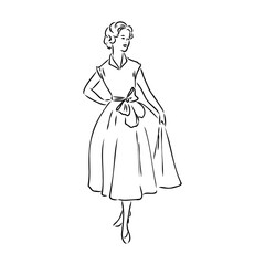 Black and white retro fashion model in sketch style. Hand drawn vector illustration