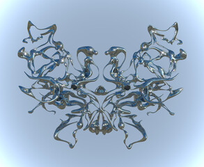 Abstract illustration from 3D rendering of liquid chrome reflecting a mask design in the shape of butterfly or rorschach and isolated on background.