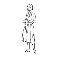 Black and white retro fashion model in sketch style. Hand drawn vector illustration