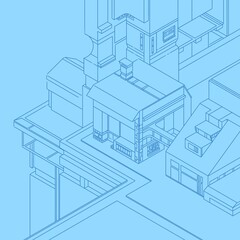 sketch of building isometric blue building 