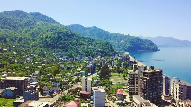Panoramic aerial view from drone to resort in Georgia Gonio, village or settlement located in south of Georgia on Black Sea coast with mountain views and near border with Turkey.
